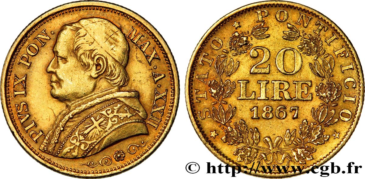 VATICAN ET ÉTATS PONTIFICAUX 20 Lire Pie IX année XXII 1867 Rome TTB 