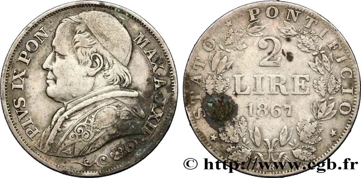 VATICAN ET ÉTATS PONTIFICAUX 2 Lire Pie IX an XXII 1867 Rome TB 