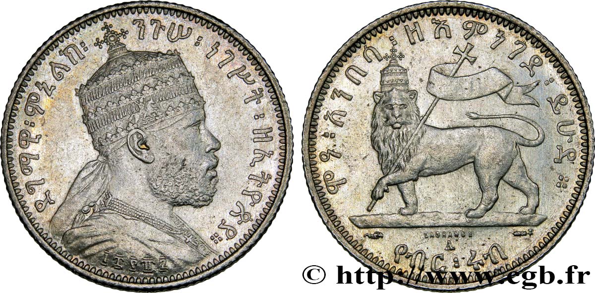 ETIOPIA 1/4 Birr roi Menelik II EE1887 1895 Paris SPL 