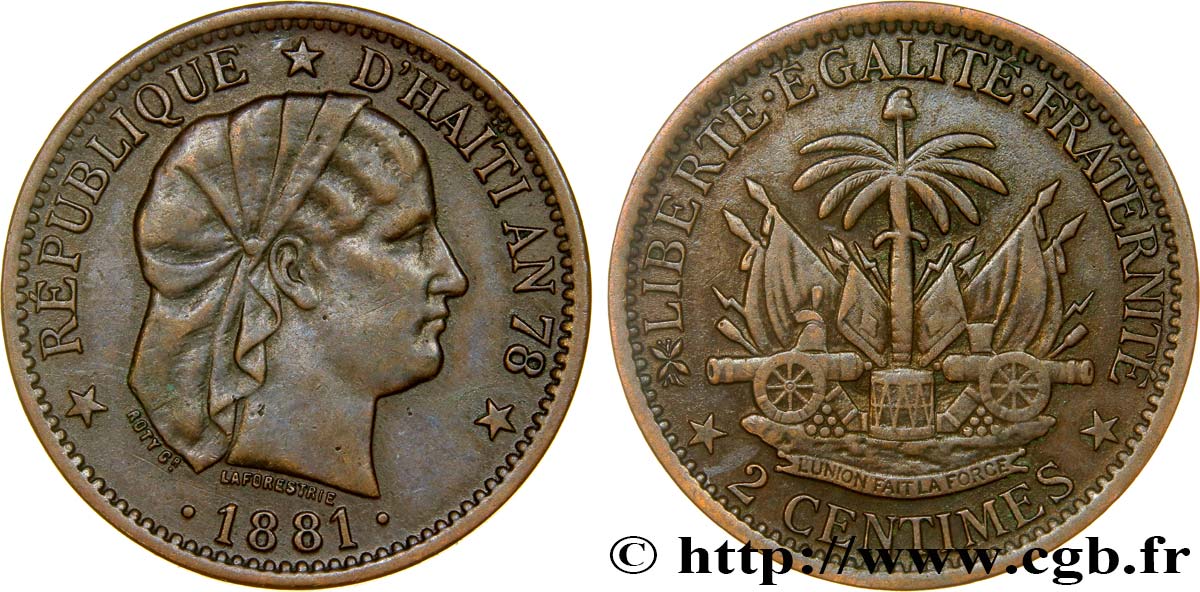 HAITI 2 Centimes an 78 emblème “Liberté créole” de Roty 1881 Paris BB 