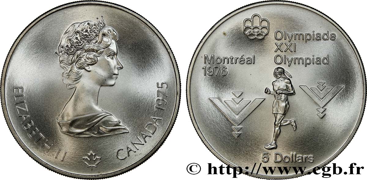 CANADA 5 Dollars JO Montréal 1976 marathon / Elisabeth II 1975  FDC 
