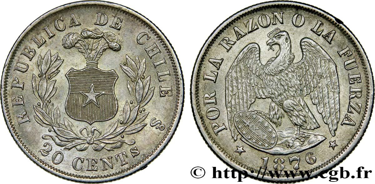 CHILE 20 Centavos 1876 Santiago AU 