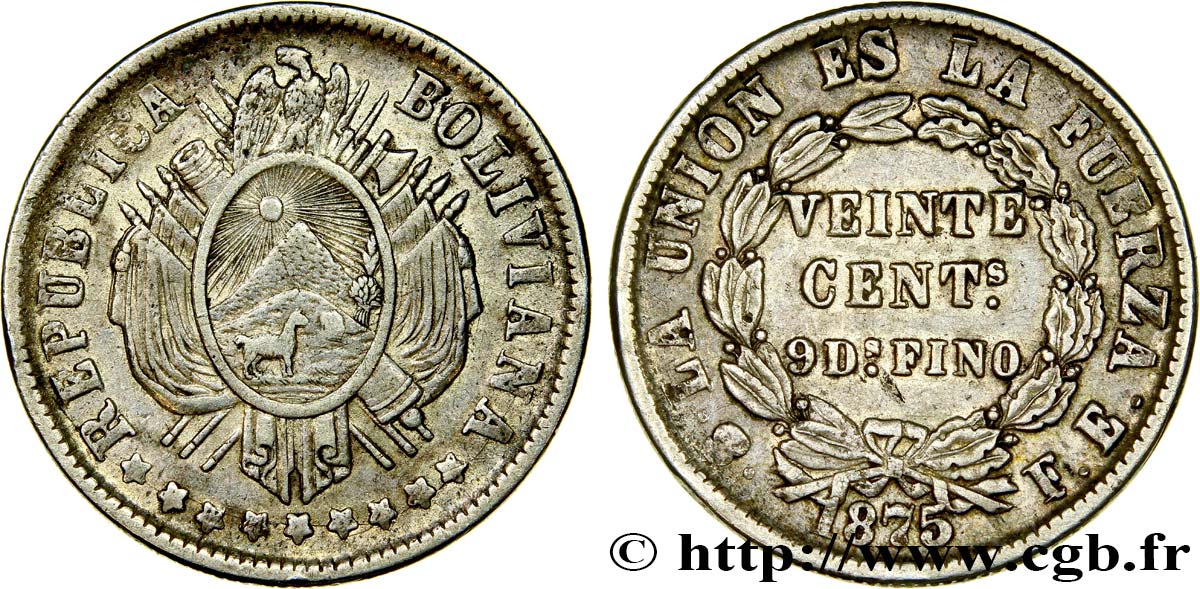 BOLIVIA 20 Centavos 1875 Potosi MBC 