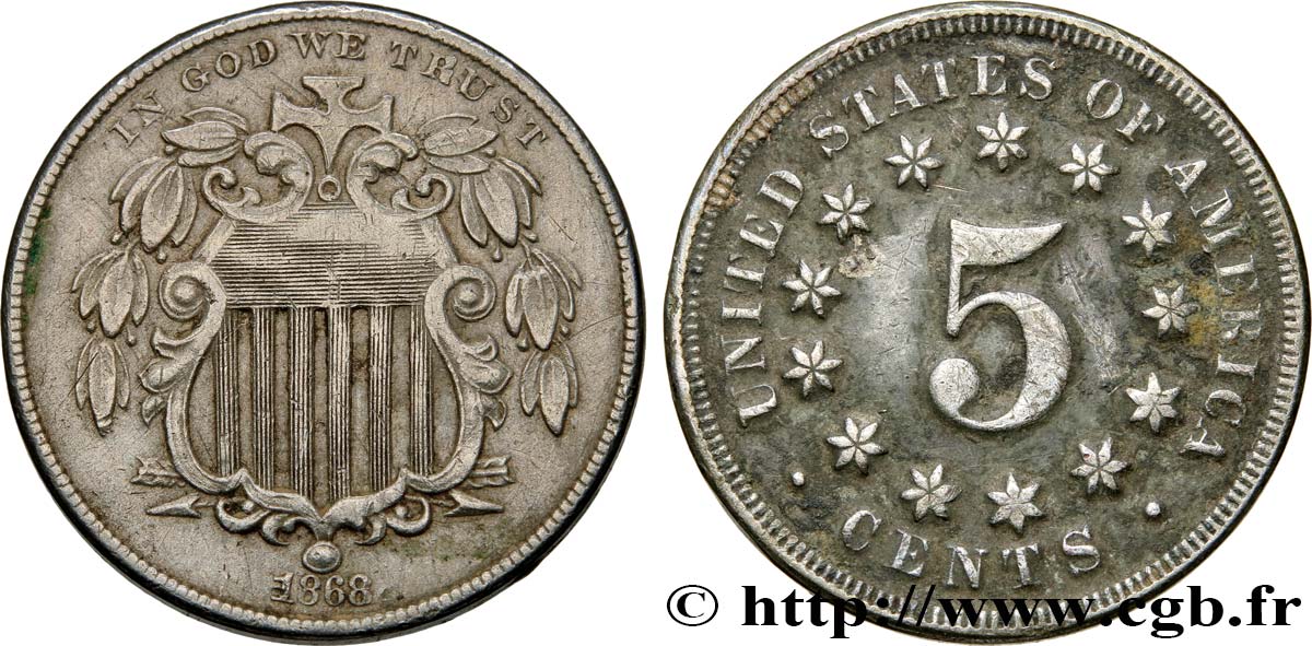 UNITED STATES OF AMERICA 5 Cents bouclier variété sans rayons entre les étoiles 1868 Philadelphie VF 