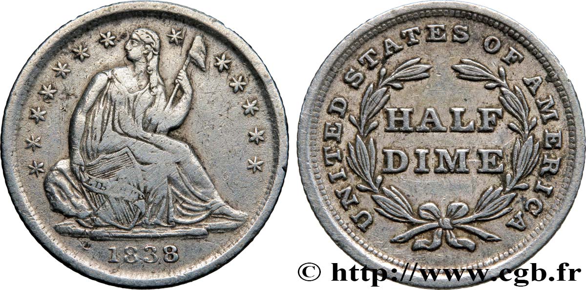 UNITED STATES OF AMERICA 1/2 Dime (5 Cents) Liberté assise 1838 Philadelphie XF 