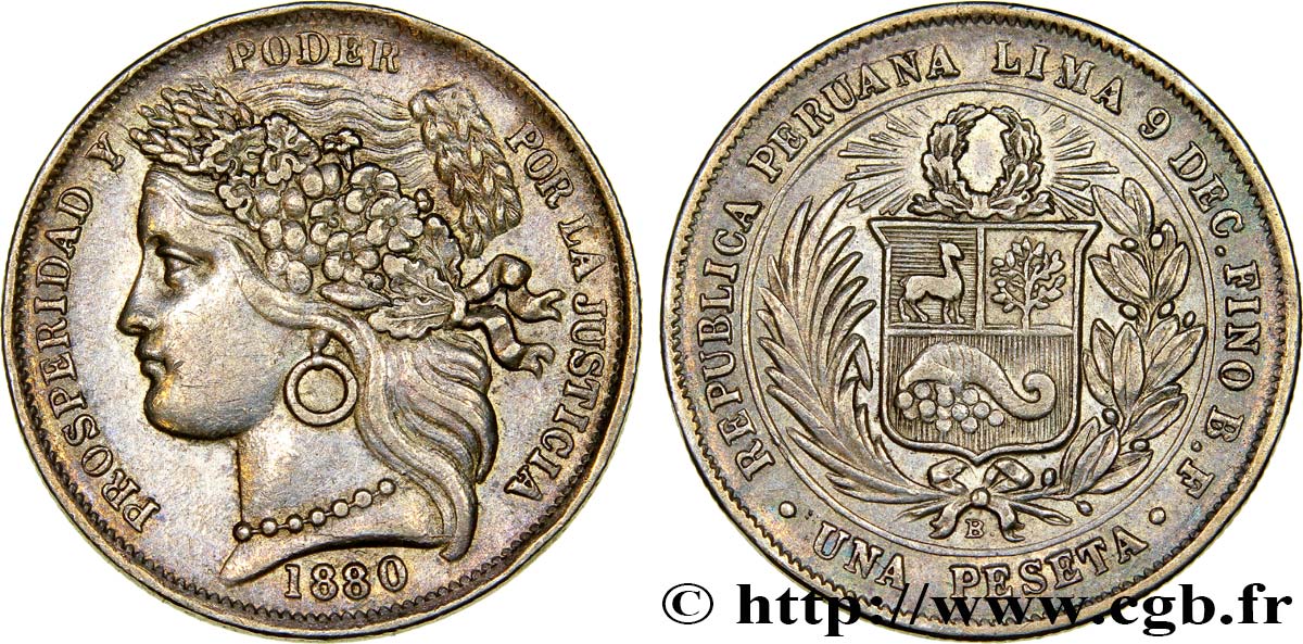 PERU 1 Peseta 1880  XF 