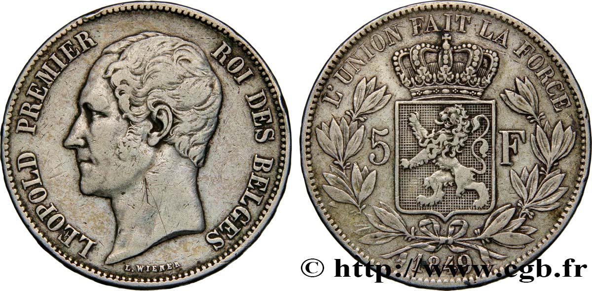 BELGIQUE 5 Francs Léopold Ier tête nue 1849  TTB 