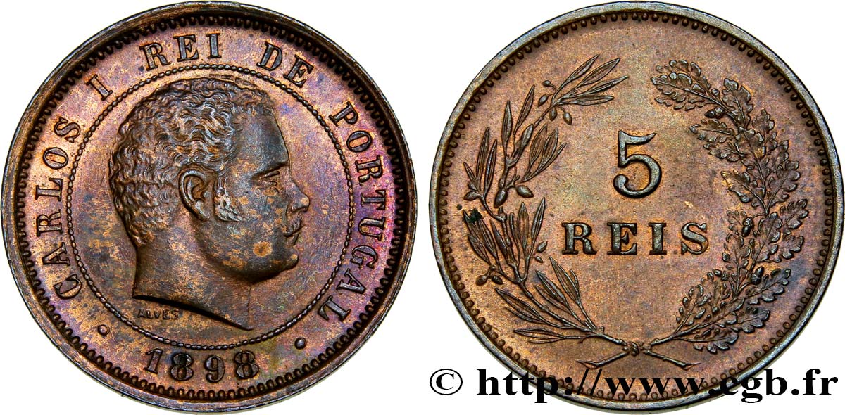 PORTUGAL 5 Réis Charles Ier 1898  SPL 