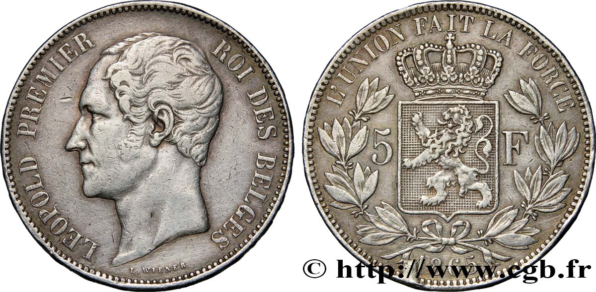 BELGIQUE 5 Francs Léopold Ier tête nue 1865  TTB 