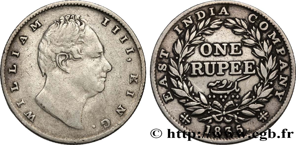 BRITISH INDIA 1 Roupie (Rupee) East India Company William IV 1835 Calcutta XF 