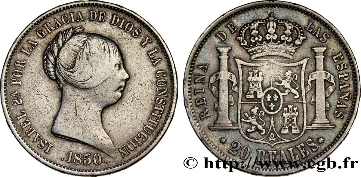 ESPAÑA 20 Reales Isabelle II 1850 Madrid BC+ 