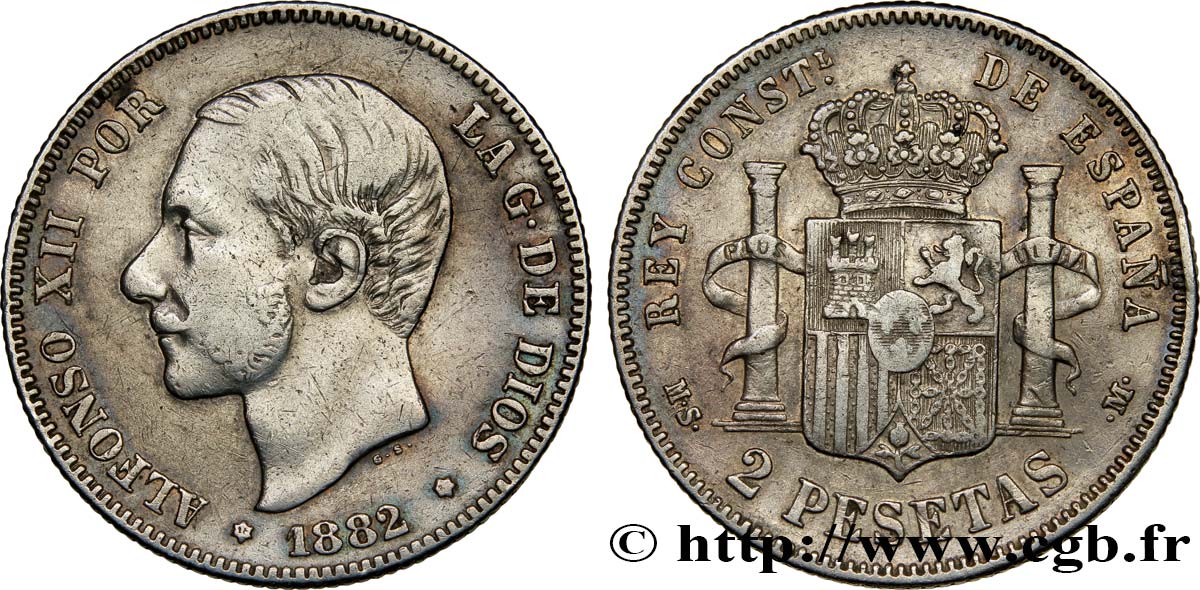 ESPAGNE 2 Pesetas Alphonse XII 1882 Madrid TTB 