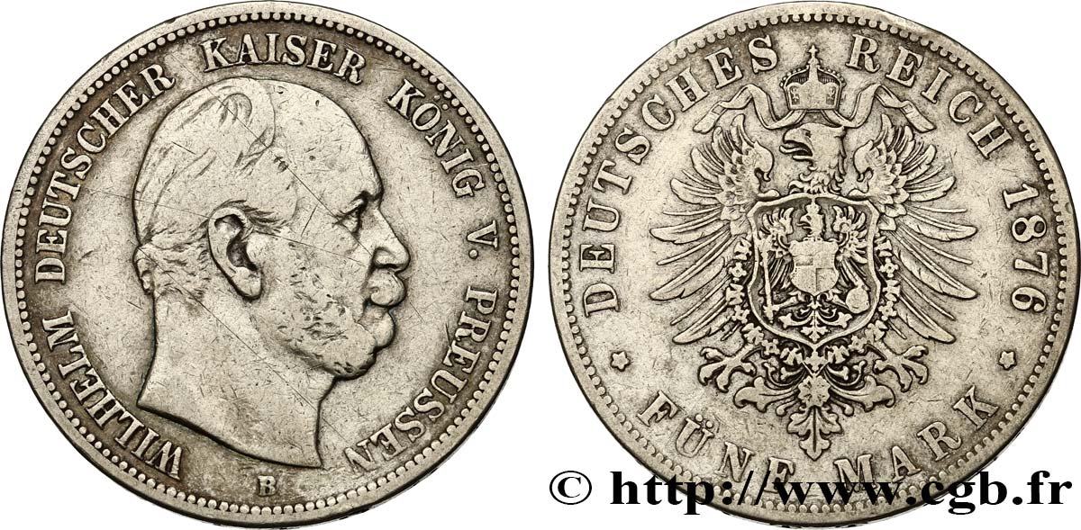 GERMANY - PRUSSIA 5 Mark Guillaume 1876 Breslau VF 