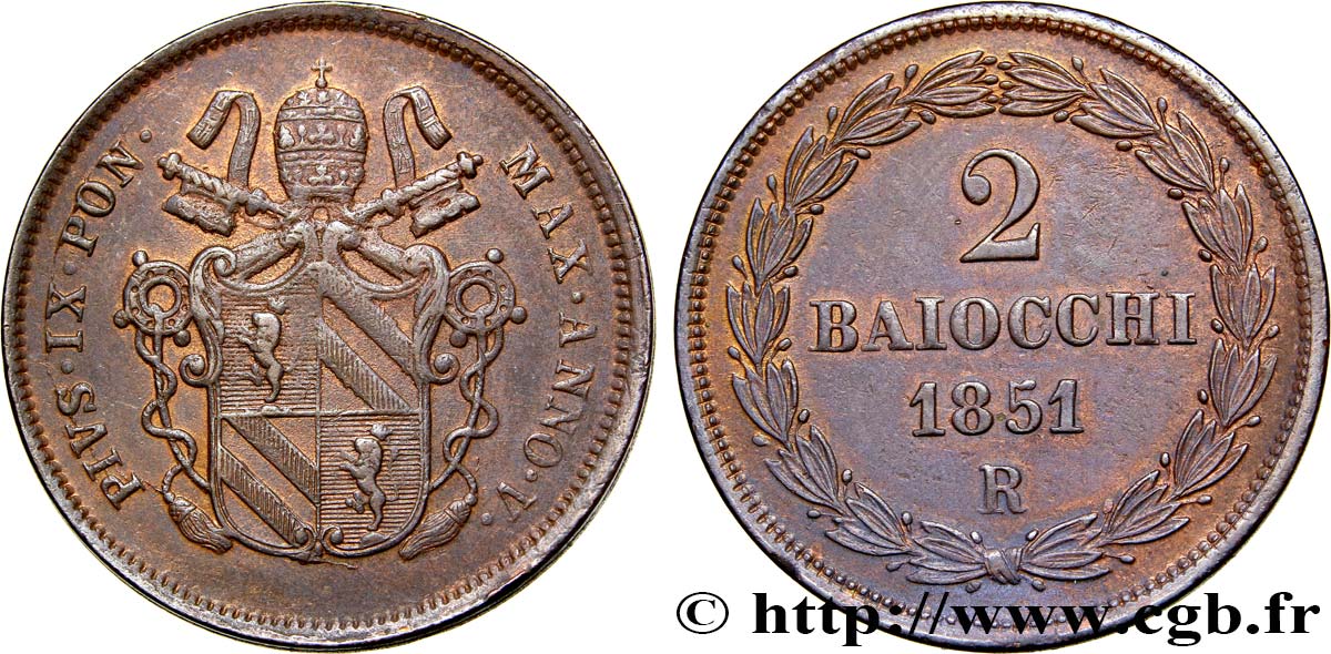 VATICAN AND PAPAL STATES 2 Baiocchi frappe au nom de Pie IX an V 1851 Rome XF 