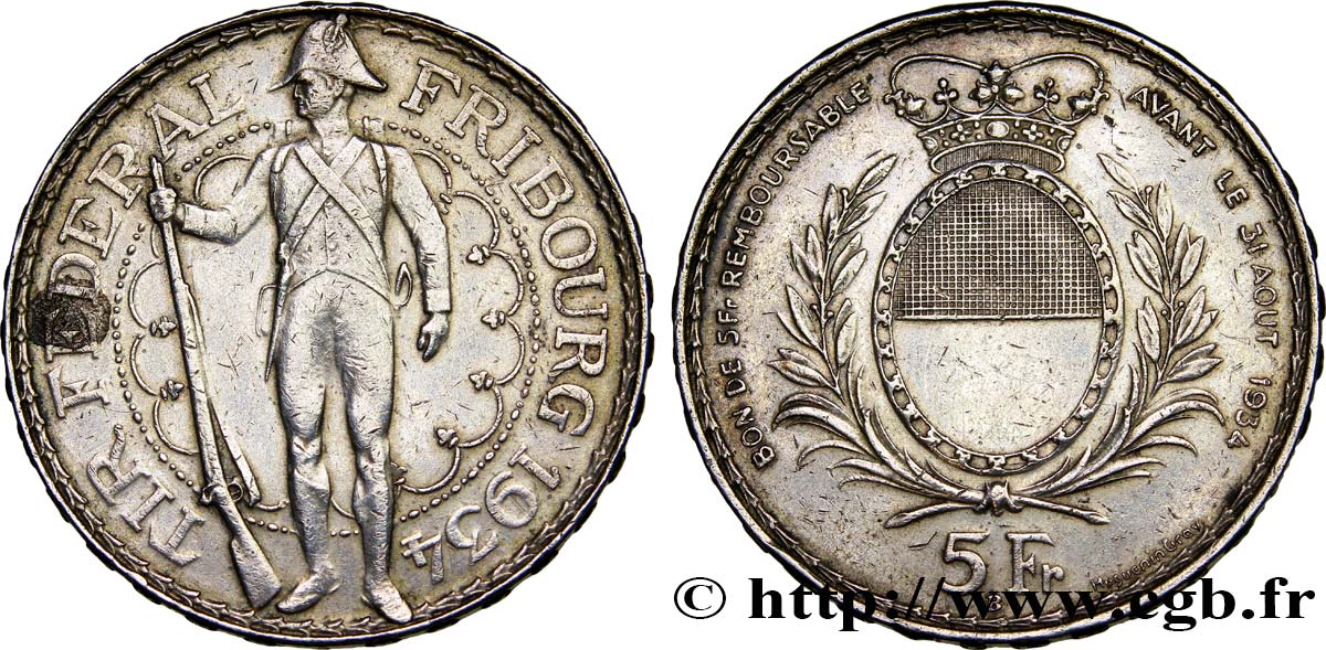 SUISSE 5 Francs, monnaie de Tir, Fribourg 1934 Le Locle TTB+ 