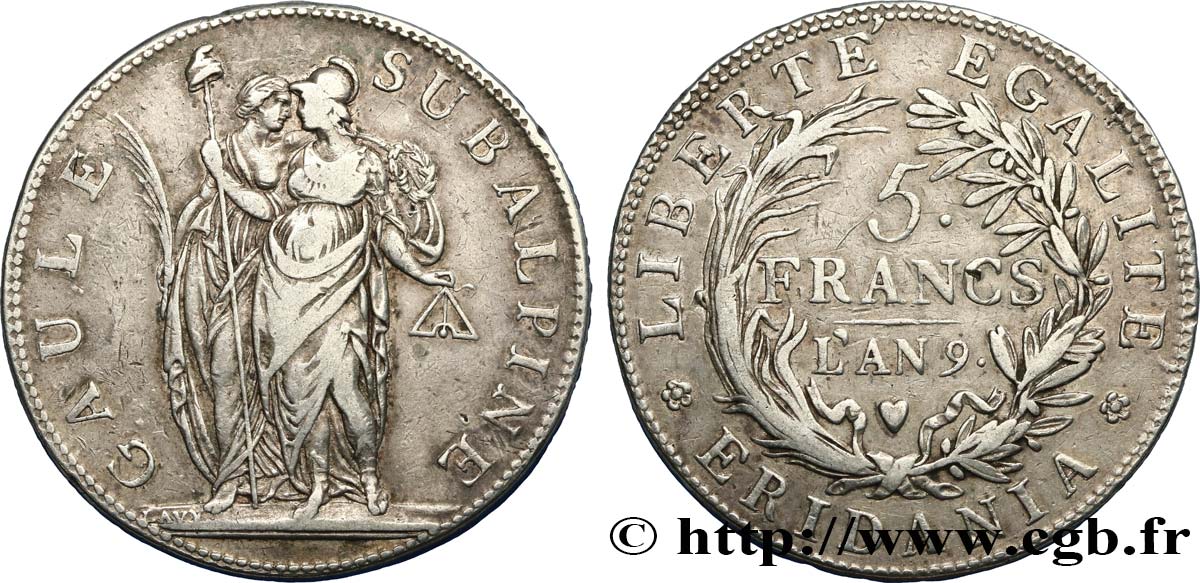 ITALIE - GAULE SUBALPINE 5 Francs an 9 1801 Turin TTB 