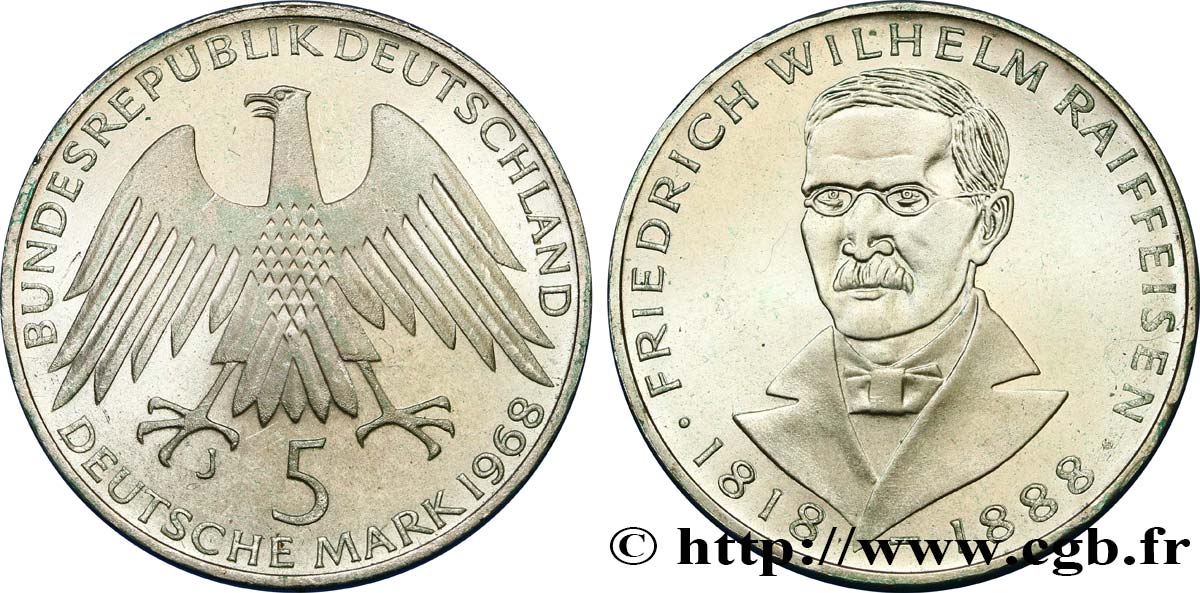 GERMANY 5 Mark / Friedrich Wilhelm Raiffeisen 1968 Hambourg MS 