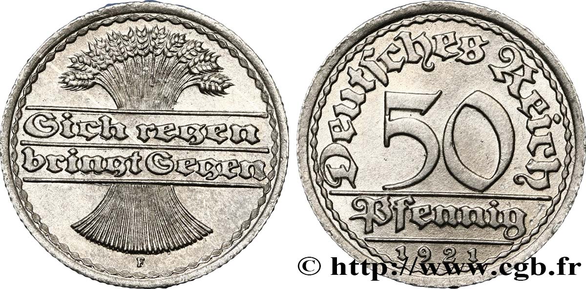 GERMANIA 50 Pfennig gerbe de blé “sich regen bringt segen“ 1921 Stuttgart MS 