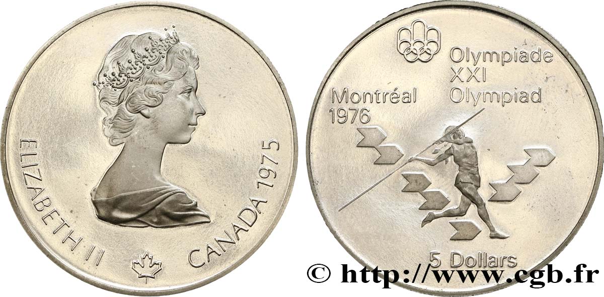 CANADá
 5 Dollars Proof JO Montréal 1976 lancer du javelot 1975  SC 