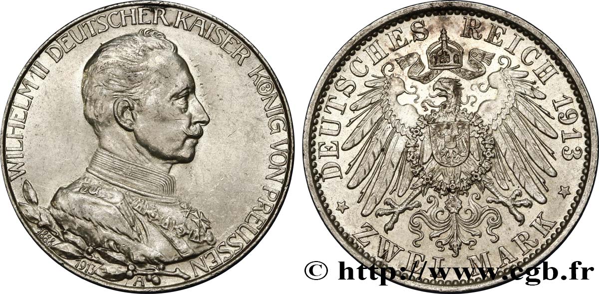 GERMANY - PRUSSIA 2 Mark 25e anniversaire de règne de Guillaume II 1913 Berlin AU/MS 