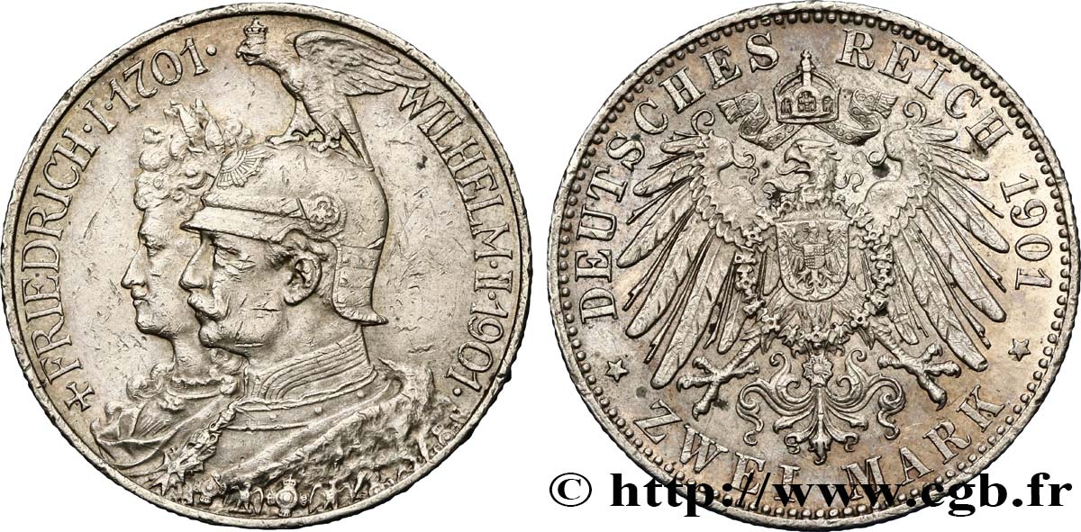 ALLEMAGNE - PRUSSE 2 Mark Guillaume II 200e anniversaire de la Prusse 1901 Berlin SUP 