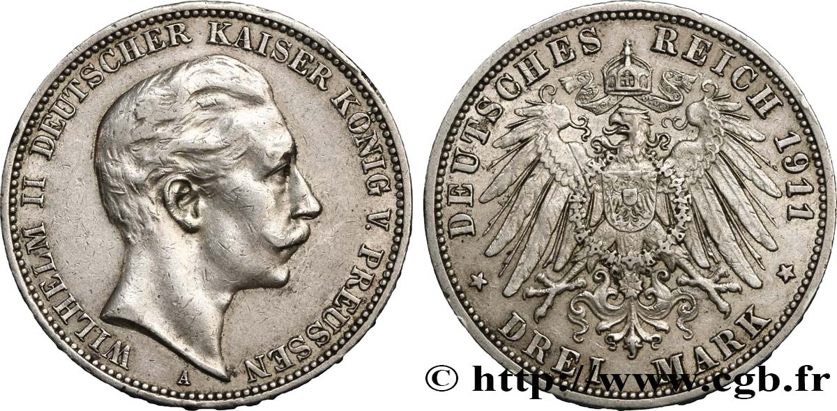 ALEMANIA - PRUSIA 3 Mark Guillaume II  1911 Berlin MBC 