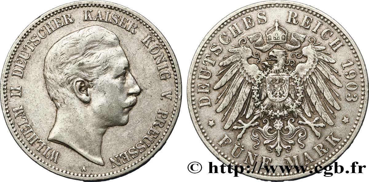ALLEMAGNE - PRUSSE 5 Mark Guillaume II 1903 Berlin TTB 