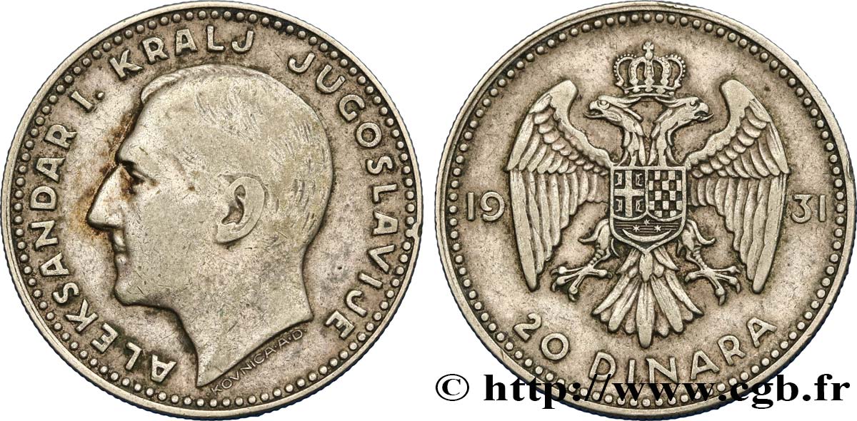 YUGOSLAVIA 20 Dinara Alexandre Ier 1931 Belgrade XF/AU 