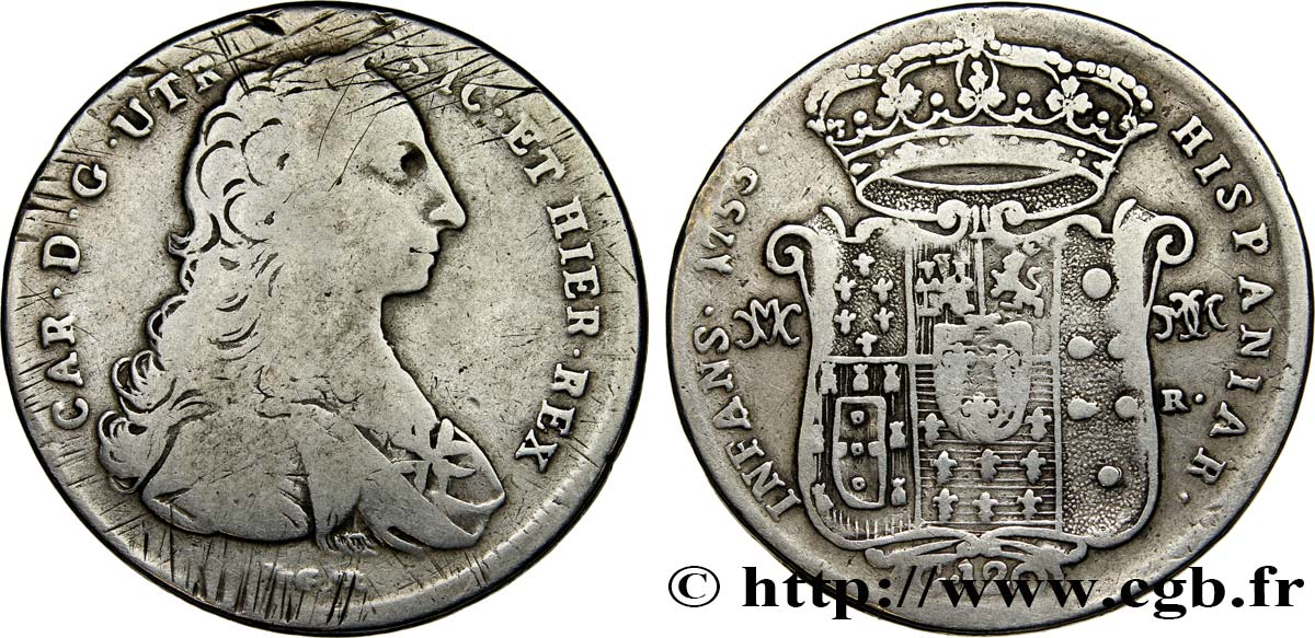 ITALY - KINGDOM OF NAPLES - CHARLES OF BOURBON Piastre ou 120 Grana 17523 Naples VF 
