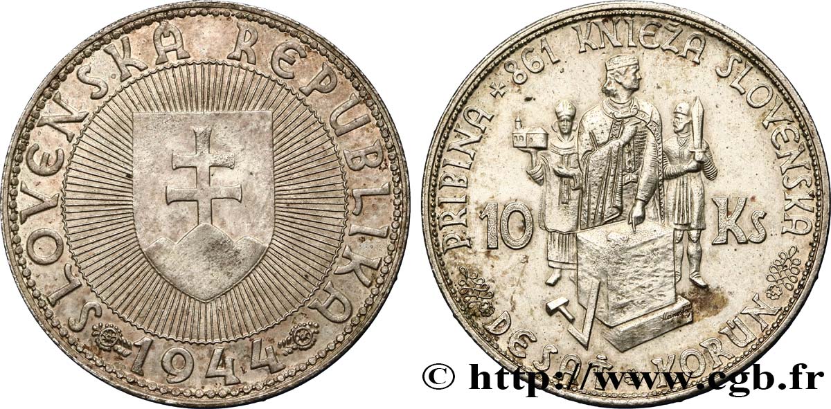 SLOVAQUIE 10 Korun Prince Pribina variété avec croix sur l’église 1944  SUP 