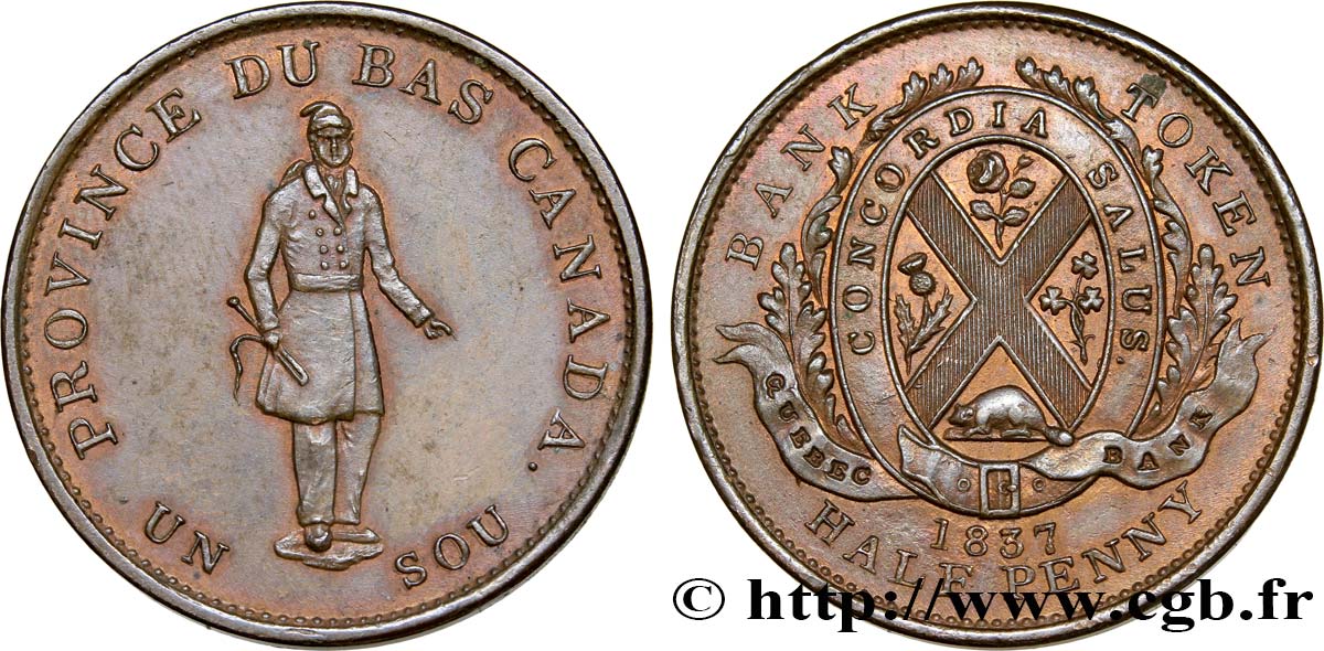 CANADA 1/2 Penny Province du Bas Canada 1837 Boulton & Watt SUP 
