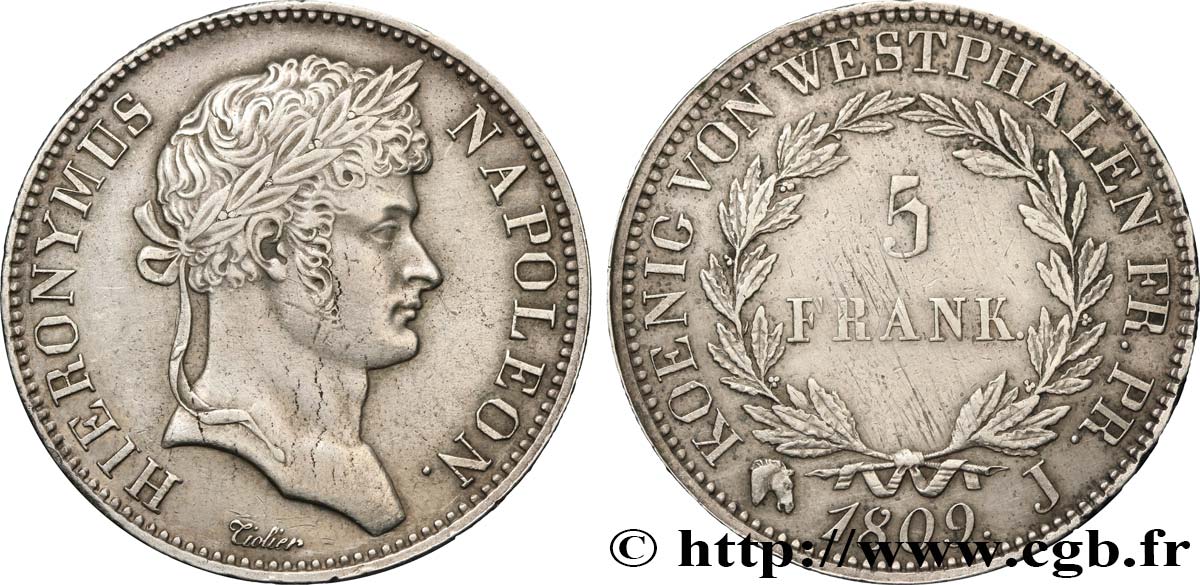 GERMANY - KINGDOM OF WESTPHALIA - JÉRÔME NAPOLÉON 5 Franken 1809 Cassel AU 