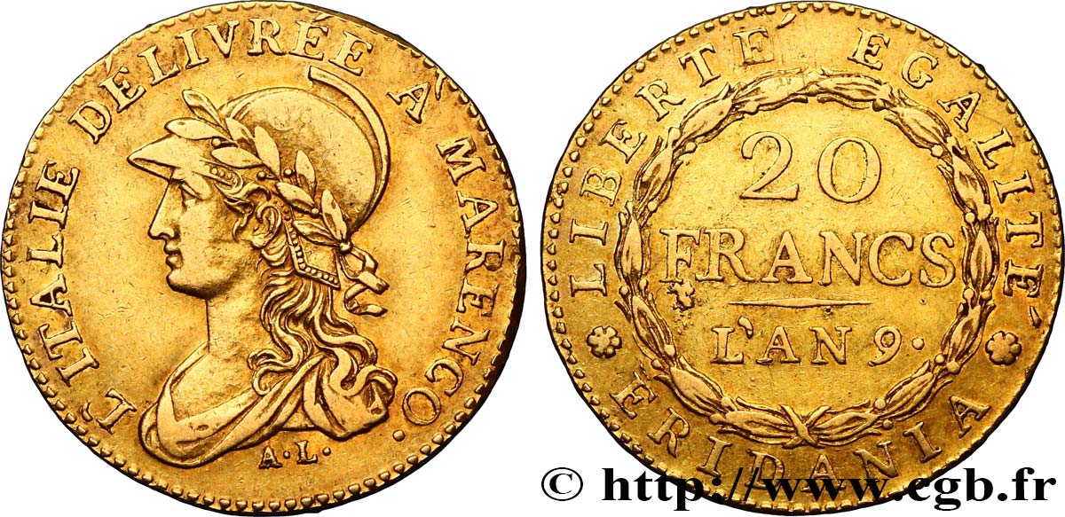 ITALIA - GALLIA SUBALPINA 20 Francs or Marengo 1801 Turin MBC 