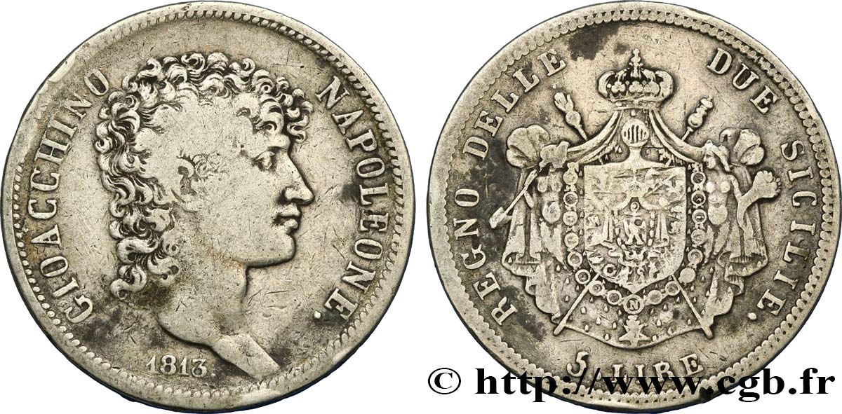 ITALY - KINGDOM OF NAPLES - JOACHIM MURAT 5 Lire 1813 Naples F/VF 