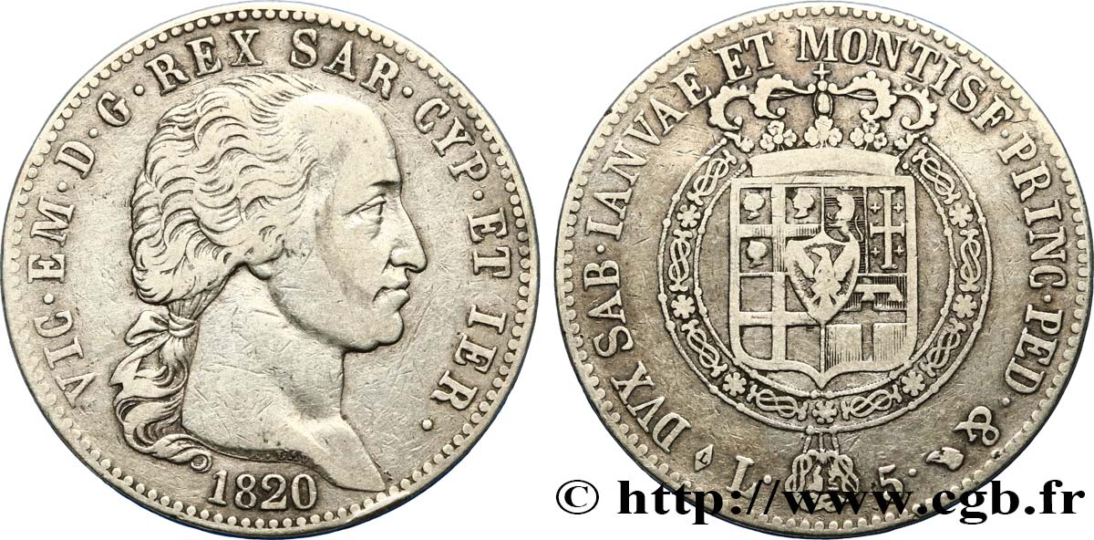 ITALY - KINGDOM OF SARDINIA - VICTOR-EMMANUEL I 5 Lire 1820 Turin VF 