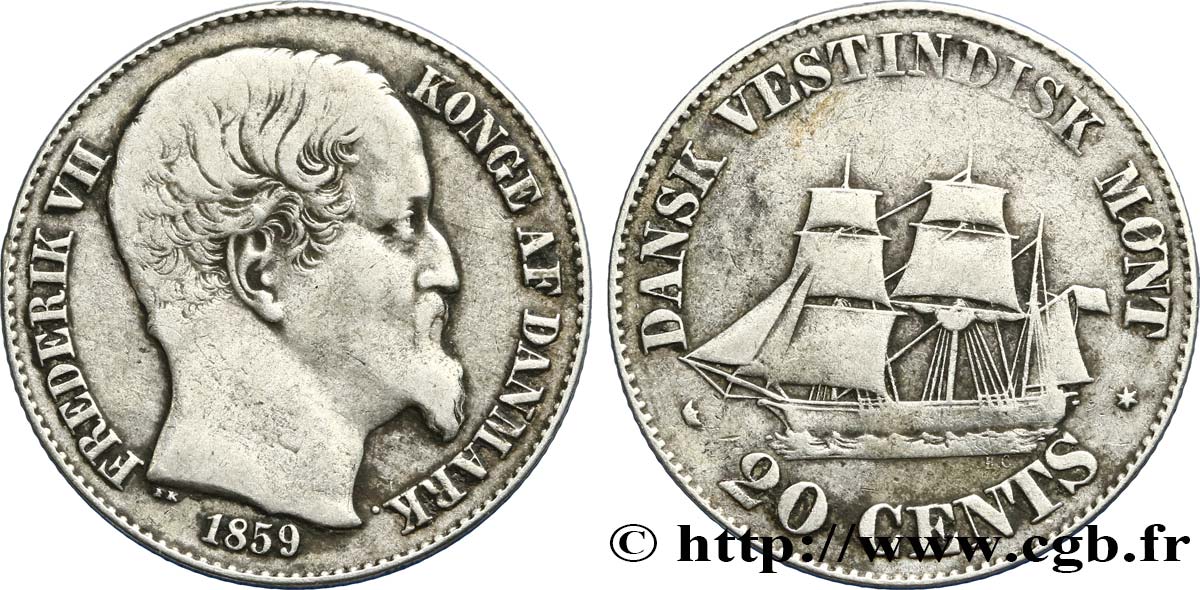 INDES DANOISES 20 Cents Frederik VII 1859  TB+/TTB 