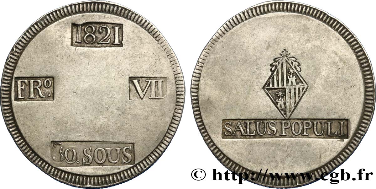 ESPAGNE - ÎLES BALÉARES 30 Sous ou Duro Ferdinand VII 1821  Majorque TTB+ 
