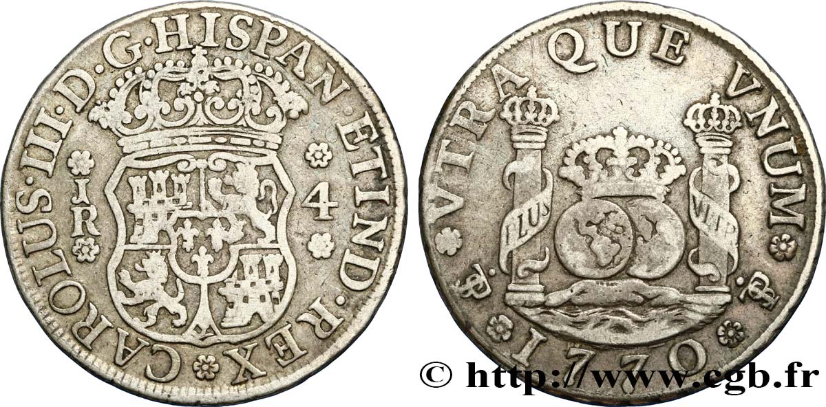 PERU - CHARLES III 4 Reales 1770 Potosi XF 