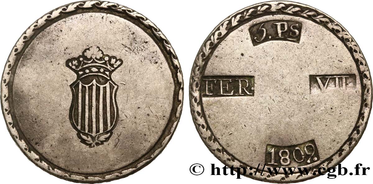 SPAIN - FERDINAND VII - SIEGE OF TARRAGONA 5 Pesetas 1809 Tarragone VF/XF 