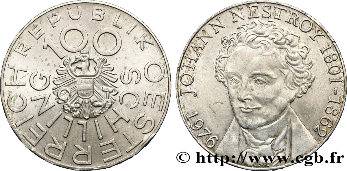 ÖSTERREICH 100 Schilling 175e anniversaire de la naissance de Johann Nestroy, comédien et dramaturge viennois 1976 monnaie nettoyée VZ 