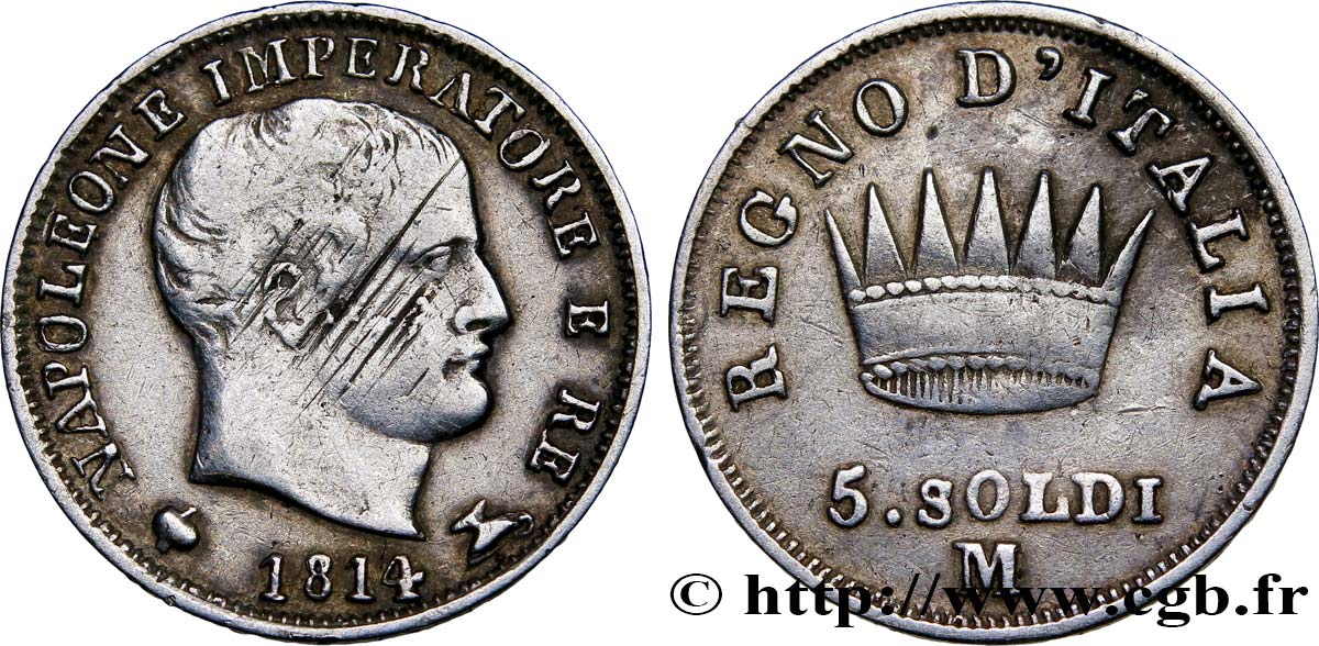 ITALIE - ROYAUME D ITALIE - NAPOLÉON Ier 5 Soldi 1814 Milan TB+ 