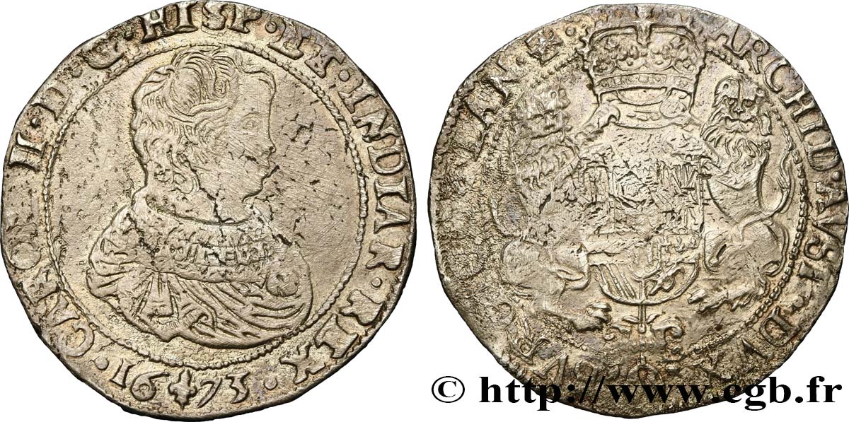 SPANISH NETHERLANDS - COUNTY OF FLANDERS - CHARLES II Ducaton, 1er type 1673 Bruges XF 