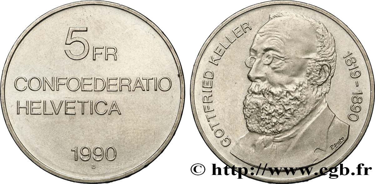 SWITZERLAND 5 Francs 100e anniversaire de la mort de Gottfried Keller, poète et romancier suisse, d’expression allemande 1990 Berne AU 