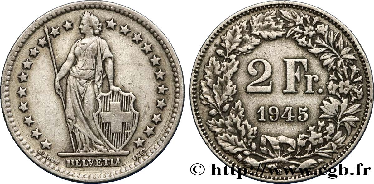 SWITZERLAND 2 Francs Helvetia 1945 Berne XF 