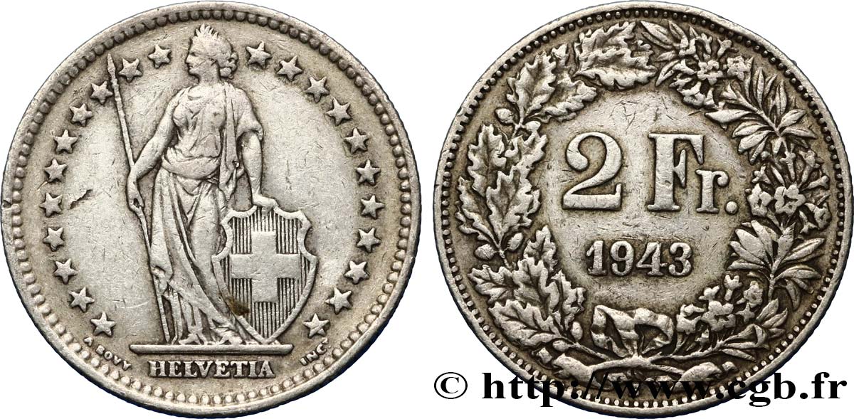 SWITZERLAND 2 Francs Helvetia 1943 Berne XF 