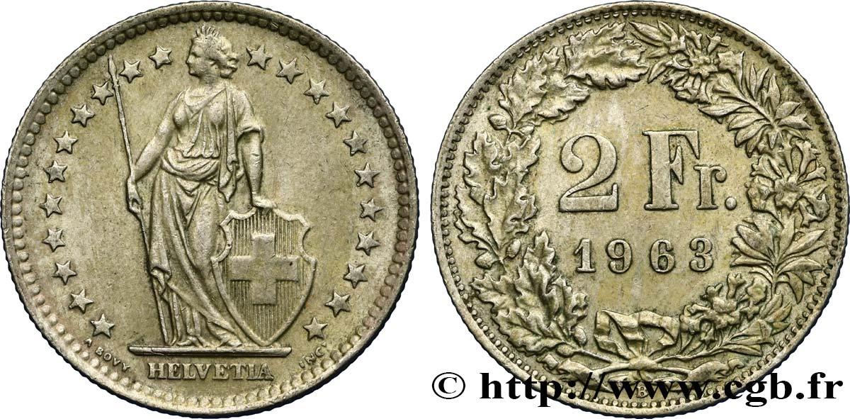 SCHWEIZ 2 Francs Helvetia 1963 Berne VZ 