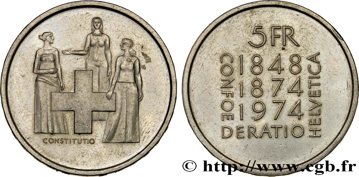 SWITZERLAND 5 Francs centenaire de la révision de la constitution 1974 Berne - B AU 