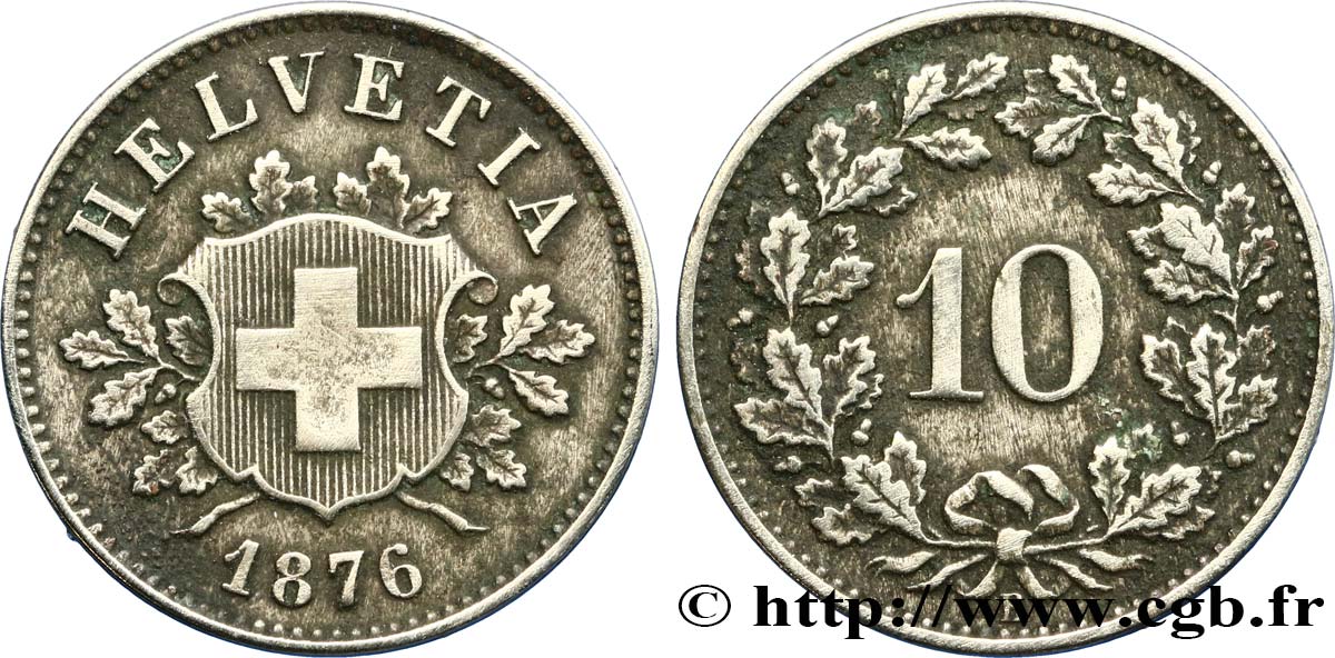 SUISSE 10 Centimes (Rappen) croix suisse 1876 Berne - B TTB+ 