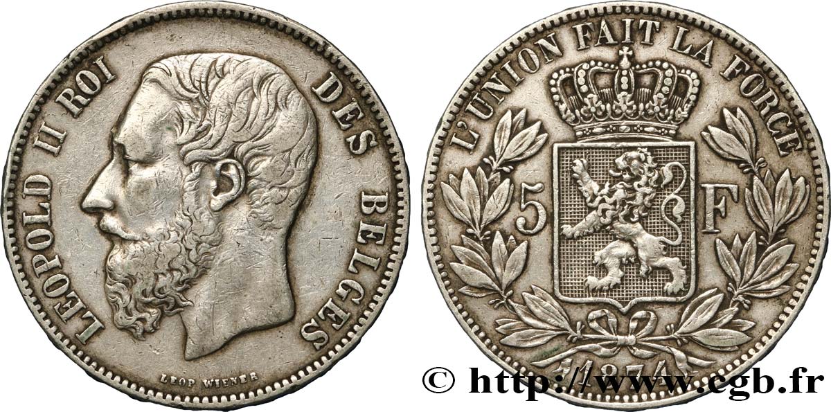BELGIUM 5 Francs Léopold II  1874  VF 