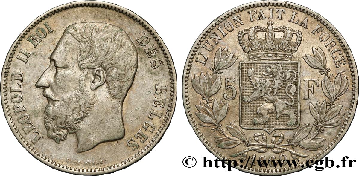 BELGIQUE 5 Francs Léopold II 1869  TTB 